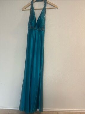 Cinderella Teal Halter Prom Dress with Beaded Waist
